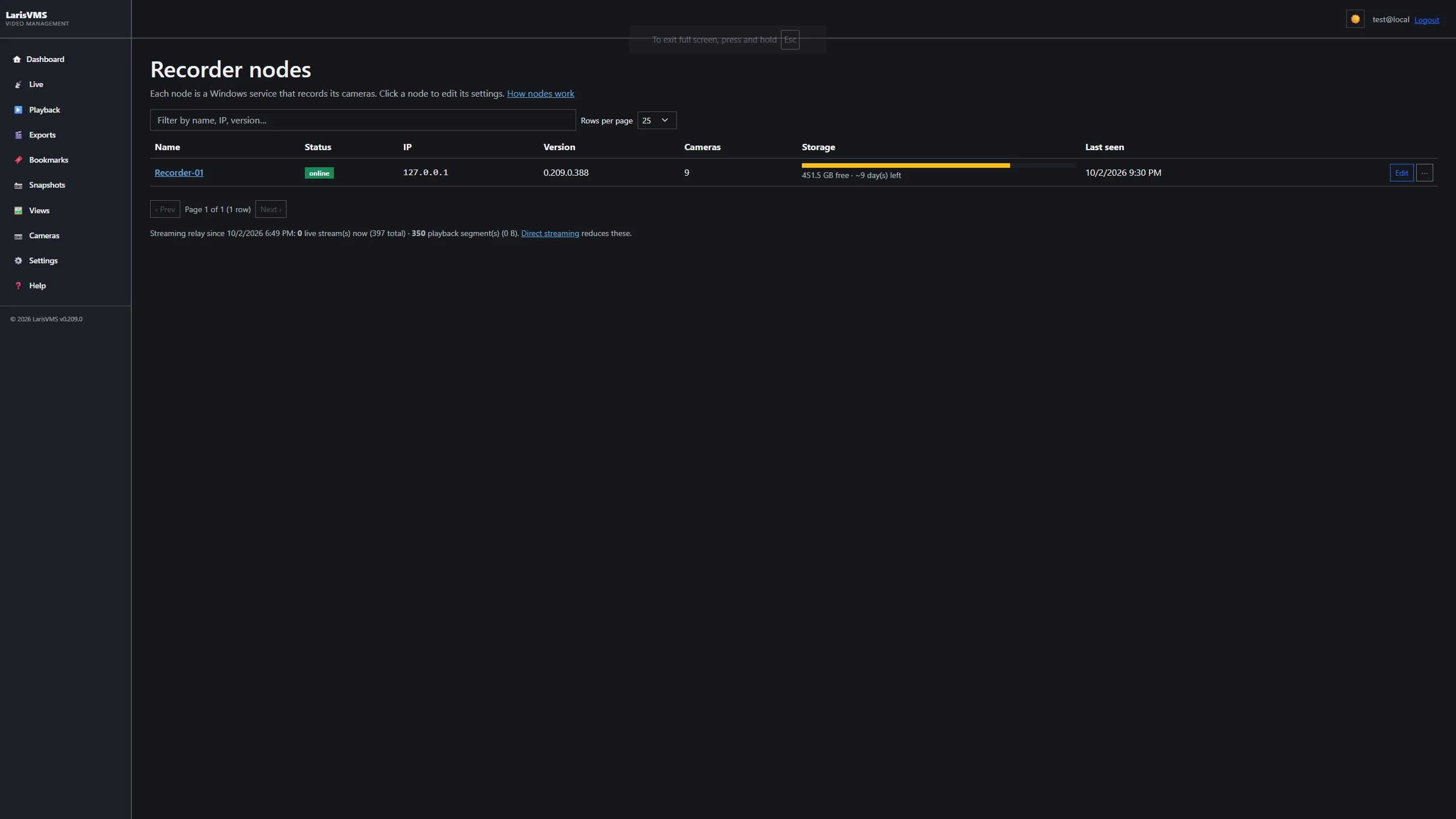 Settings → Nodes, showing a newly registered recorder node